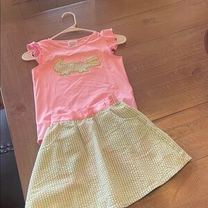 The Smocking Place Pink Ruffle Sleeve Top with Gator & Green Seersucker Skirt